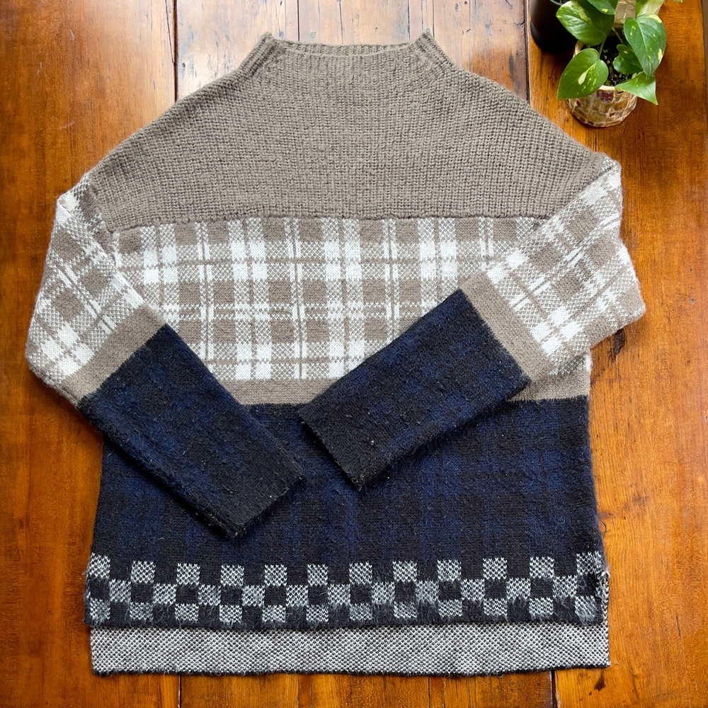 silence + noise | M/L | Wool Navy Tan Plaid Sweater Mock Turtle Neck Sweater